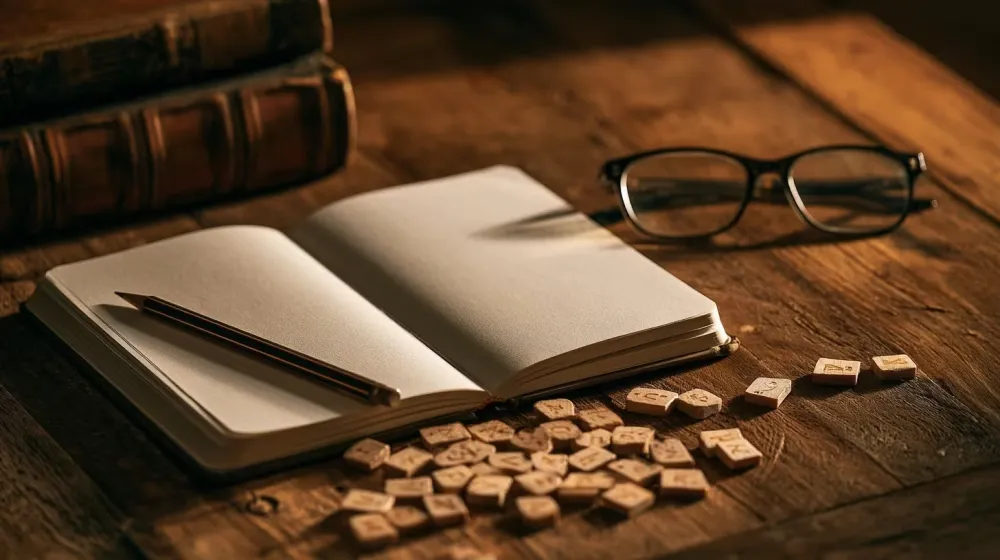 Carnet vierge, crayon, lunettes et lettres en bois dispersées sur une table