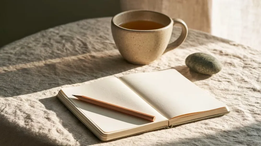 Carnet vierge, crayon, tasse de thé et galet dans une lumière naturelle