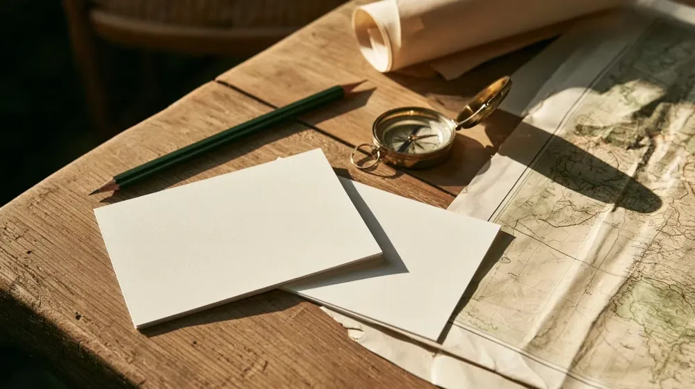 Cartes vierges, crayon, boussole et carte routière sur une table en bois