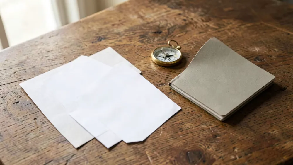 Feuilles blanches, boussole et carnet fermé posés sur une table en bois
