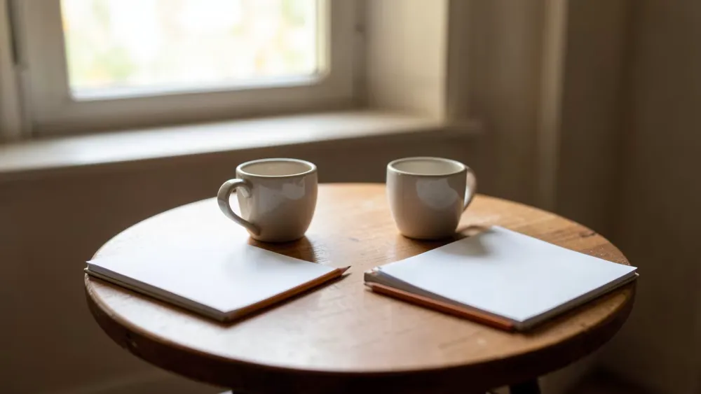 Deux tasses, deux carnets vierges et deux crayons sur une table ronde en bois