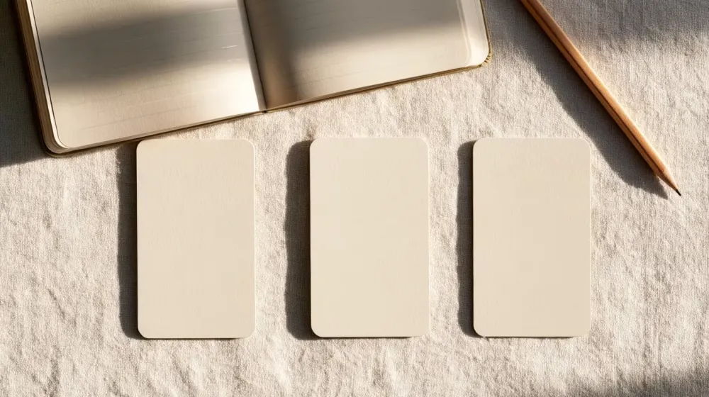 Trois cartes neutres alignées devant un carnet et un crayon pour préparer un tirage