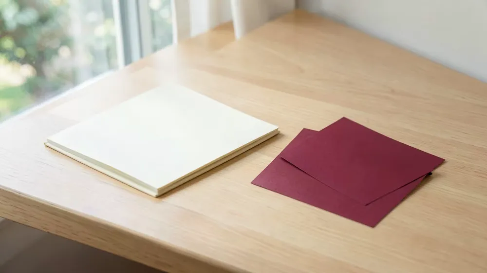 Carnet vierge près de cartes vues de dos sur une table claire, sans texte lisible
