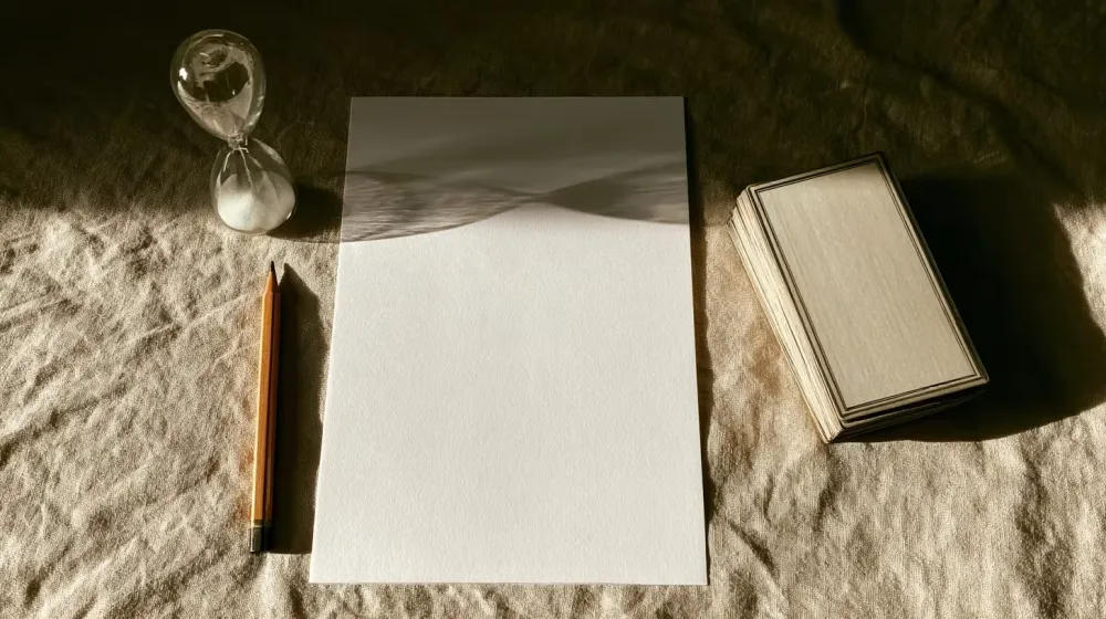 Feuille vierge, crayon, sablier et jeu de tarot fermé posés sur du lin