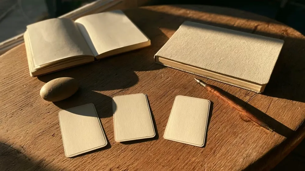 Trois cartes de tarot retournées, carnet vierge et pierre posés sur une table en bois