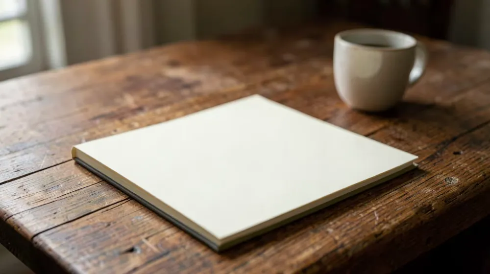Carnet vierge et tasse neutre posés sur une table en bois, sans texte lisible