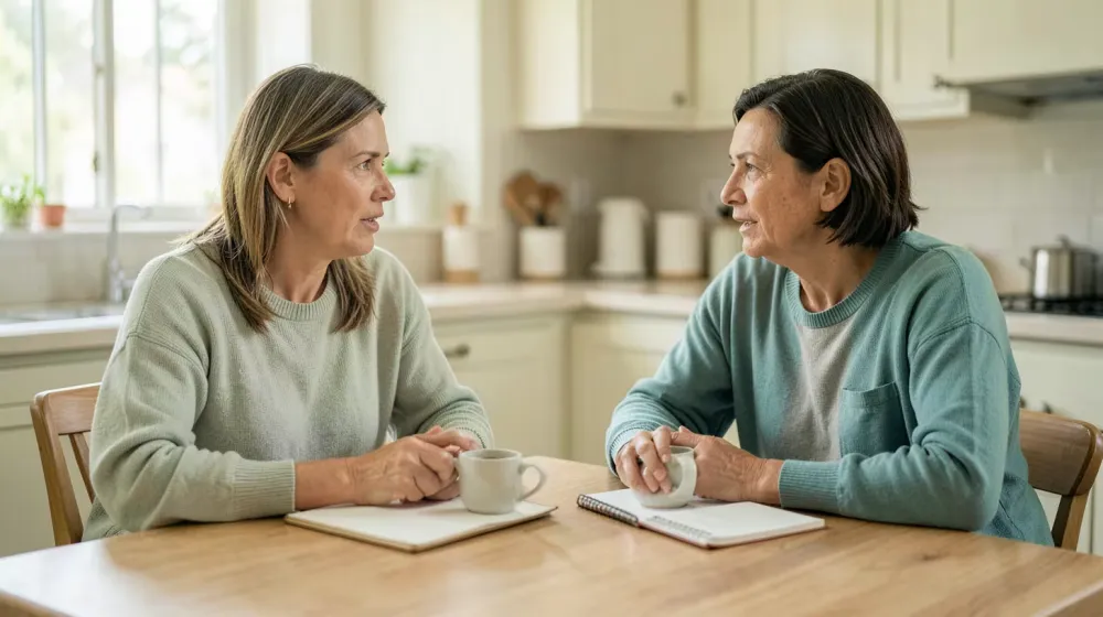 Deux femmes discutent calmement à une table de cuisine avec deux tasses