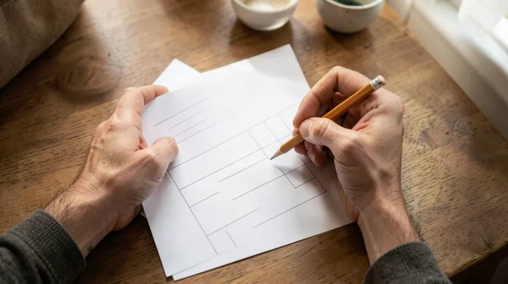 Mains tenant un crayon au-dessus d’une feuille quadrillée sans texte