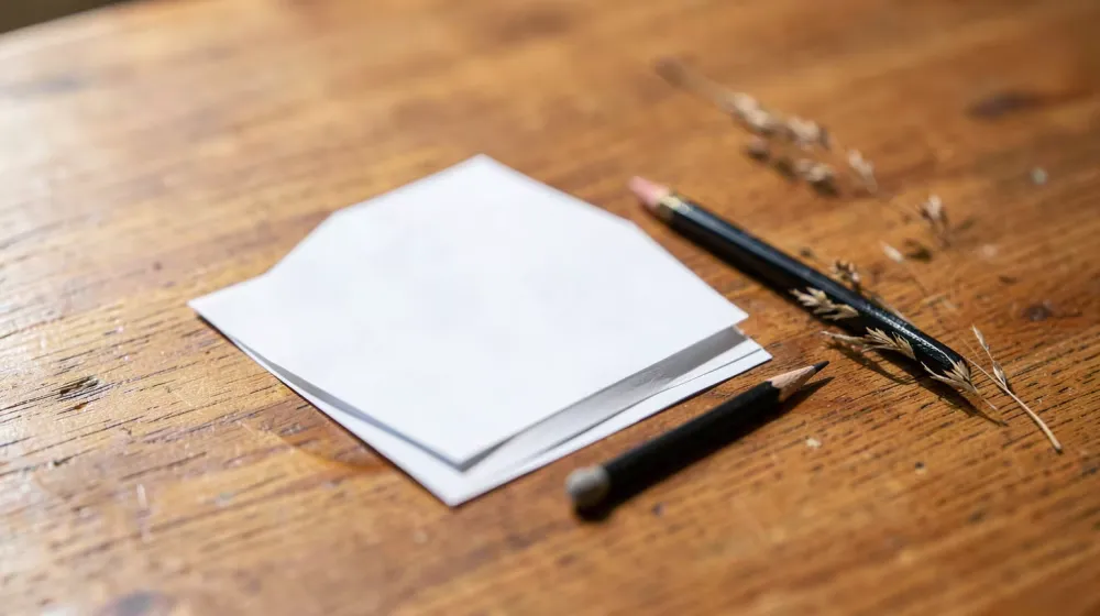 Feuilles blanches, crayon et brin séché sur une table en bois