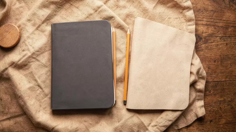 Deux carnets vierges et deux crayons posés sur un tissu clair et une table en bois