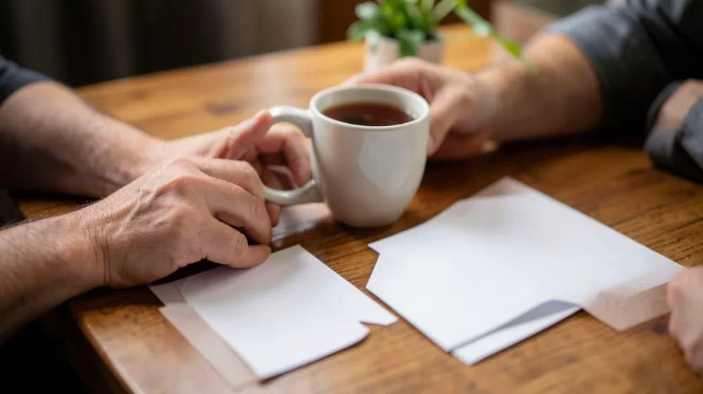 Deux paires de mains près d’une tasse et de cartes vierges sur une table en bois