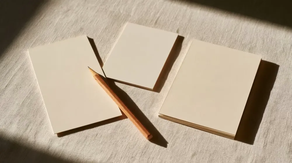 Trois cartes retournées alignées près d’un crayon sur une table claire