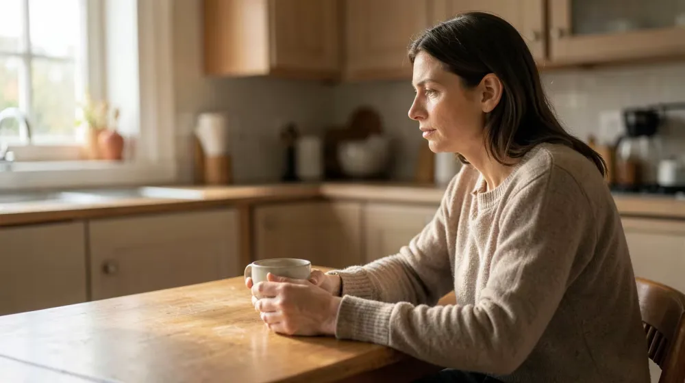 Femme assise à une table de cuisine avec une tasse, dans un moment de réflexion