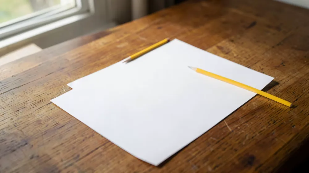 Feuilles blanches et deux crayons sur une table en bois près d’une fenêtre